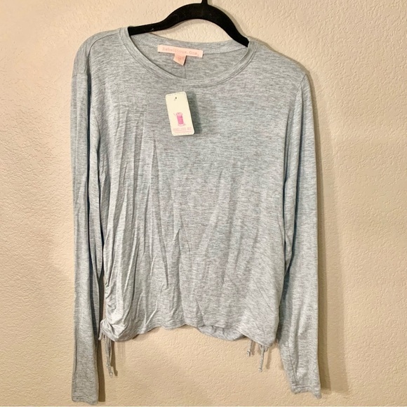 NWT Top Lg Jrs Rebellious One Grey Rayon Spandex Cinched Sides Ties Long Sleeves - Picture 11 of 15